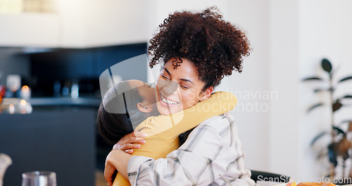 Image of Kid, smile and hug mom in home for love, care and kindness of family support, trust and gratitude. Young girl child, relax and embrace happy woman for mothers day, bonding and together in apartment