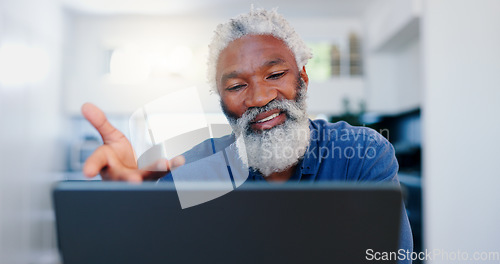 Image of Senior, black man and video call on laptop in home for voip communication, social networking and chat. Elderly guy speaking on computer for virtual conversation, online contact and digital connection