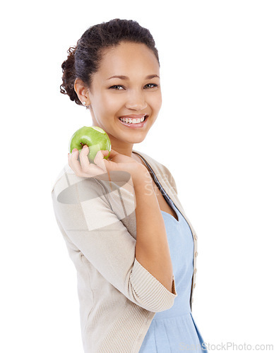 Image of Portrait, apple and young woman in studio with healthy food choice, Vitamin C and nutrition benefits. Face of person or model with green fruit for detox, self care or vegan diet on a white background