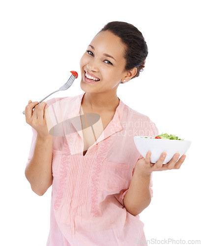 Image of Diet, salad and woman in portrait eating healthy food, detox lunch or breakfast on a white background. Happy, African person or model with tomato, vegetables and green lettuce or vegan meal in studio