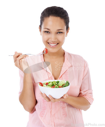 Image of Diet, salad and happy woman eating healthy food, detox lunch or breakfast on a white background. Portrait of African person or model with green fruits, vegetables and lettuce or vegan meal in studio