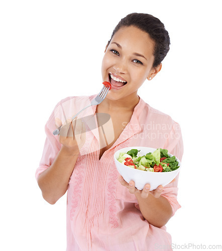 Image of Happy woman, portrait and salad in studio eating healthy food, detox lunch or breakfast on a white background. African person or model with tomato, vegetables and fruit or green lettuce for diet meal