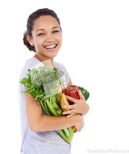 Image of Vegetables, grocery shopping and happy woman in studio for healthy food, sustainability or diet. Portrait of vegan customer or model with fruits for discount, sale or nutrition on a white background