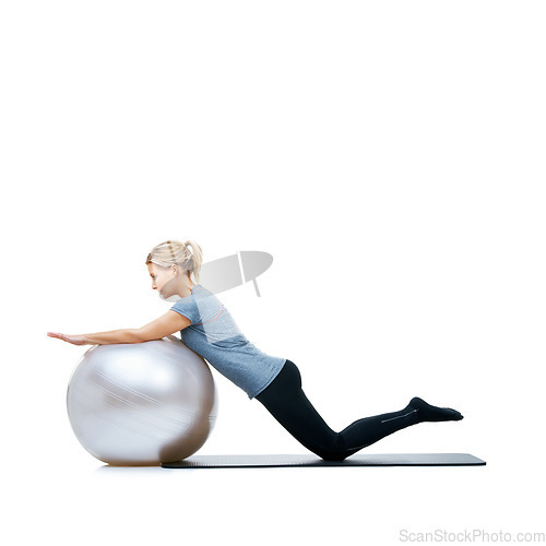 Image of Woman, ball or balance on a white background space for workout, wellness or mobility exercise on studio. Female athlete, training equipment or fitness for mockup, stretching arms or body flexibility