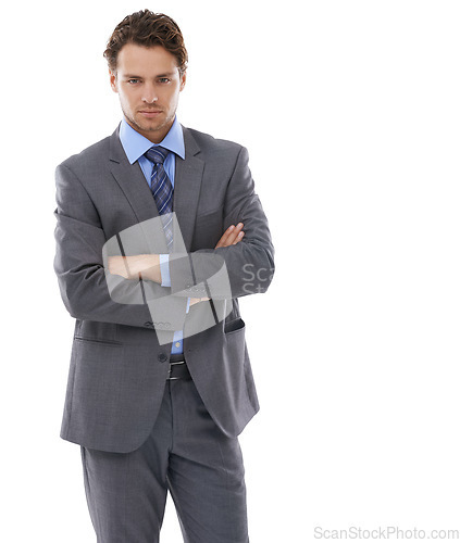 Image of Business, portrait and serious man with arms crossed in studio with fashion, suit or attitude white background. Style, face and male entrepreneur with fashionable formal outfit, clothes or confidence