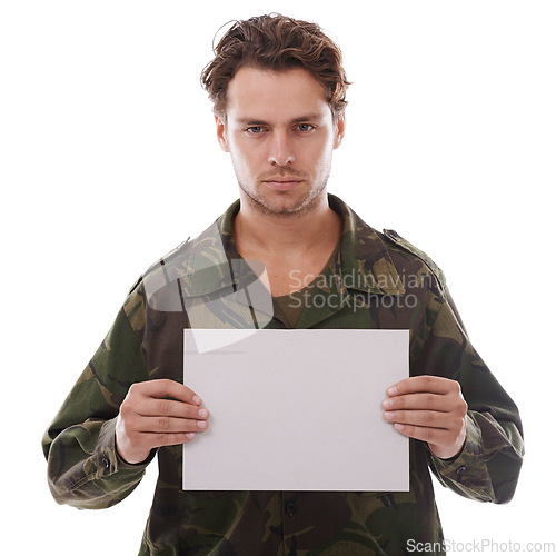 Image of Military, mockup and portrait of man in studio for depression, ptsd or awareness on white background. Army, face or soldier with paper space for mental health, support or post service trauma recovery