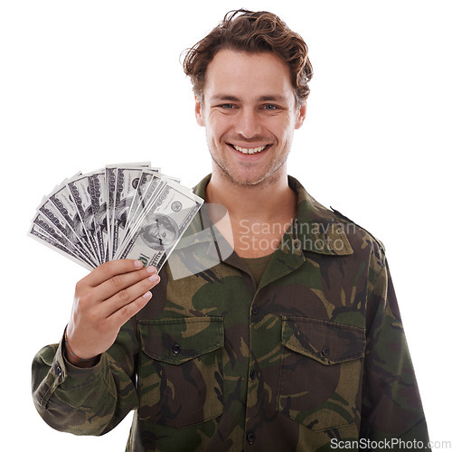Image of Military, portrait and happy man with money fan in studio with payment, insurance or cashback on white background. Army, loan and face of male soldier with cash, bonus or loan, salary or compensation