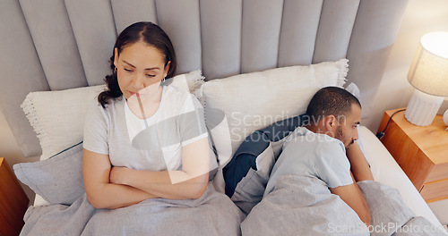 Image of Frustrated couple, ignore and bed in breakup, fight or conflict from disagreement, argument or divorce at home. Man and woman in cheating affair, toxic relationship or mistake above in bedroom drama