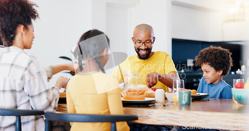 Image of Happy family, food and parents with children for breakfast, lunch and eating together in home. African, meal and mom, dad and kids at table for bonding for health, nutrition and hunger in house