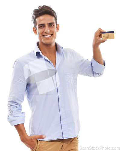 Image of Portrait, man and credit card in studio for finance, payment and choice of shopping promotion, budget and retail sales on white background. Happy customer, financial investment and banking membership