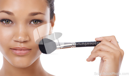 Image of Makeup, brushes and woman face in studio for beauty, foundation and cosmetics on a white background. Portrait of young model, artist and person with skincare, application tools or dermatology product