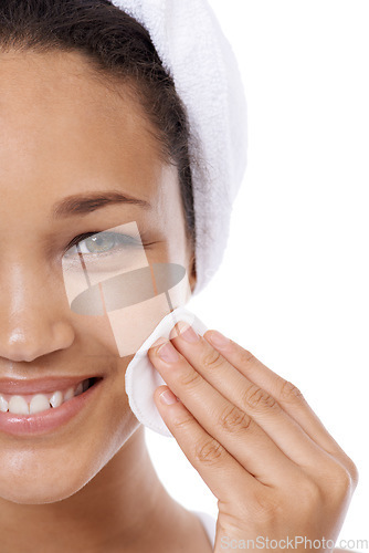 Image of Woman face, cotton pad and skincare, beauty or cosmetics product for dermatology results in studio. Portrait of African person or model with hygiene wipe for makeup or facial on a white background