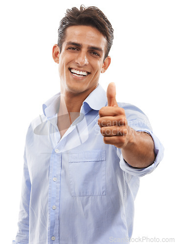 Image of Portrait, man and thumbs up in studio for support, achievement or celebrate winner on white background. Happy model, emoji and like review for yes, feedback and vote for excellence, thank you or deal