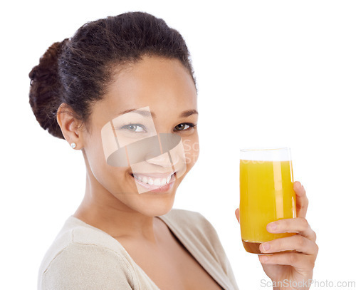 Image of Happy, portrait or woman with orange juice in studio for wellness, nutrition or detox on white background. Face, smile or female nutritionist with glass of vitamin C, supplement or health fruit drink