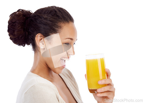 Image of Happy, wow and woman with orange juice in studio for wellness, nutrition or detox on white background. Excited, smile or female nutritionist with glass of vitamin C, supplement or health fruit drink