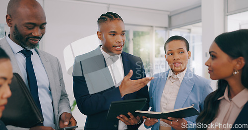 Image of Business people, tablet and coaching team in meeting for schedule, planning or strategy at office. Businessman talking to employees on technology for project plan, ideas or collaboration at workplace