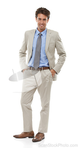 Image of Business, man and portrait in studio of happy financial advisor, professional broker or pride for trading in suit on white background. Confident investment planner in corporate fashion for consulting
