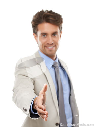 Image of Business man, portrait and offer to shake hands in studio for welcome, b2b deal and HR introduction on white background. Worker, handshake and thank you for support, recruitment and congratulations