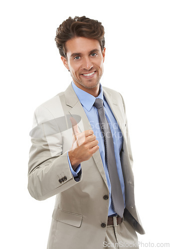 Image of Portrait, business man and thumbs up in studio for winning deal, success icon or achievement on white background. Happy employee, emoji sign or like for feedback, vote yes or thank you for excellence