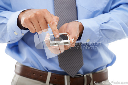 Image of Businessman, phone and hands typing for research, social media or networking against a white studio background. Closeup of man or employee on mobile smartphone for UX, communication or online search