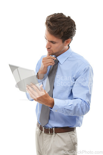 Image of Businessman, tablet and thinking in brainstorming, research or schedule on a white studio background. Man or employee on technology for online search, networking or planning ideas, tasks or agenda