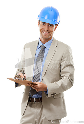 Image of Happy businessman, portrait and architect with clipboard or hard hat for signing or inspection on a white studio background. Man, contractor or engineer with documents in architecture or construction