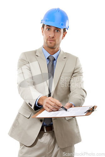 Image of Businessman, portrait and clipboard of architect for signing contract or agreement on a white studio background. Man, contractor or engineer with document for permission, architecture or construction