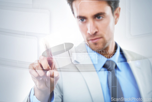 Image of Businessman, UI and touching digital hologram for future interaction on mockup space. Man or employee with display for UX, choice or selection on futuristic interface, blocks or business connection