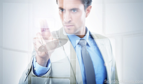 Image of Businessman, UI and touching digital interface or hologram for future interaction on mockup space. Man or employee with display for UX, choice or selection on futuristic HUD in business or connection