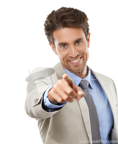 Image of Happy businessman, portrait and pointing to you for choice or opportunity against a white studio background. Man or employee smile for selection in job hiring, promotion or career recruiting decision