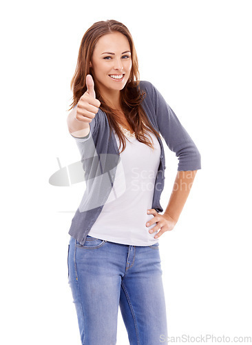 Image of Thumbs up, portrait or woman in studio for winner, achievement or celebrate deal on white background. Happy model, emoji sign or yes for feedback, promotion and thank you for excellence, vote or like