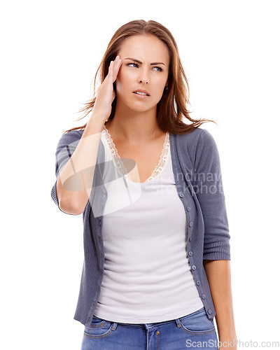 Image of Woman, headache and thinking in studio of stress, challenge of debt and risk of mental health on white background. Frustrated, confused and sad model with anxiety, brain fog and doubt wrong mistake