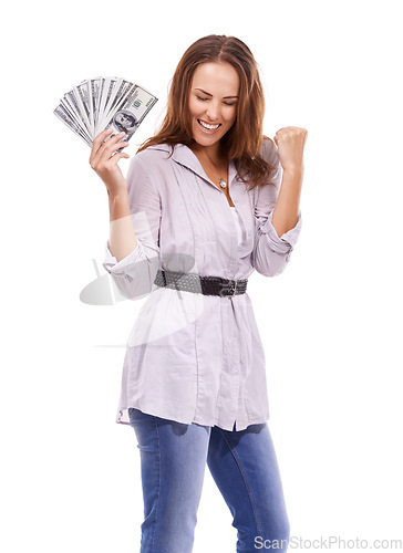 Image of Woman, dollars or celebrate money fan in studio for wealthy deal, giveaway or lottery prize on white background. Excited winner, fist and bonus of profit, income or cash investment, savings or reward