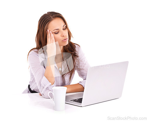 Image of Woman with headache, laptop glitch and burnout, technology fail on white background. Stress, tired worker and mistake online with migraine in studio, 404 on internet with business website crisis