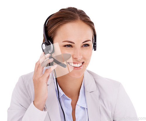Image of Woman, callcenter and headset with microphone for phone call, communication and CRM on white background. Customer service, telemarketing and help desk agent in studio with contact us and tech support