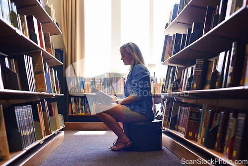 Image of Reading book, girl or student in library at university, college or school campus for education growth. Bookshelf, learning or smart woman with scholarship studying knowledge, research or information