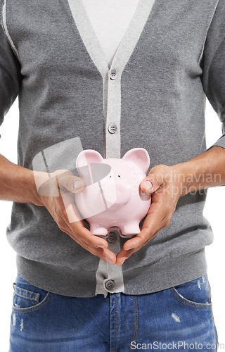 Image of Person, hands or piggy bank in studio for investment, safety of finance or economy on white background. Closeup, financial savings or moneybox for investing income, funding or growth of future wealth