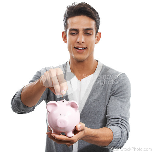 Image of Man, piggy bank and coins of money in studio for investment, budget and finance on white background. Model, savings and investing cash in container for safety, financial freedom and growth of wealth