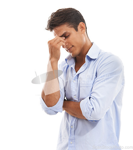 Image of Business man, stress and headache in studio for burnout, pain and risk of bankruptcy on white background. Tired, fatigue and frustrated worker with brain fog, vertigo challenge and doubt for mistake