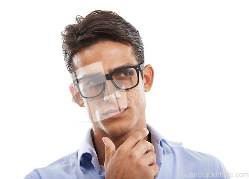 Image of Businessman, face and thinking in studio with question, planning and problem solving with glasses and hand. Entrepreneur, person and thoughtful for solution, idea and insight on white background