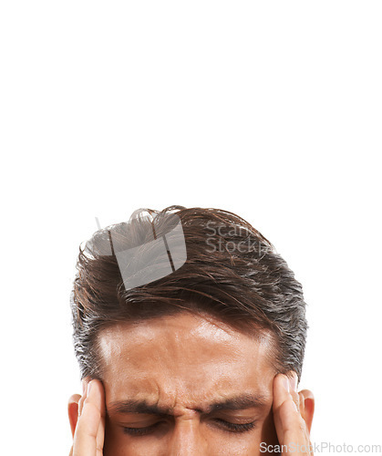 Image of Man, face and hands in studio with headache, risk and anxiety for stress, tension and frustrated. Person, migraine or pain with mental health, overwork and discomfort with mock up on white background