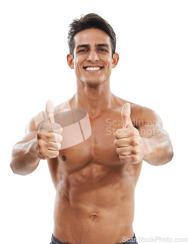 Image of Happy man, portrait and thumbs up for fitness success, exercise or winning against a white studio background. Handsome and muscular male person with like emoji, yes sign or OK for workout or training