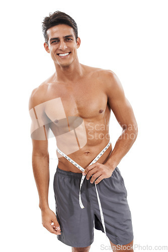 Image of Happy man, portrait and tape measure in fitness for weight loss, diet or exercise against a white studio background. Handsome or muscular male person measuring waist for health and wellness on mockup