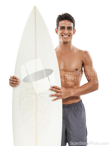 Image of Happy man, portrait and surf board standing shirtless against a white studio background. Handsome male person or athlete smile for surfing, exercise or workout and ready for water or waves on mockup