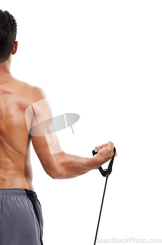 Image of Man, back and weightlifting in fitness for bicep, workout or training against a white studio background. Rear view of person or bodybuilder curling arm in strength, muscle or exercise on mockup space