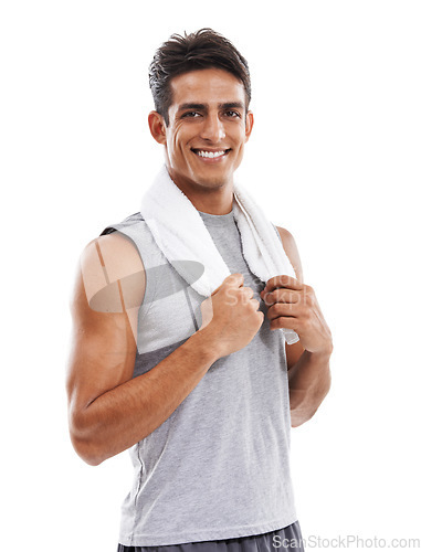 Image of Happy man, portrait and towel for fitness, exercise or workout against a white studio background. Face of handsome male person smile for sports, training or cardio for sweat or weight loss on mockup