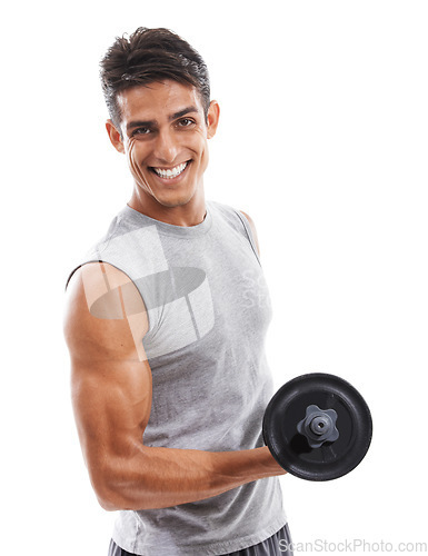 Image of Exercise, dumbbell and portrait of man in studio for strong biceps, arm muscles or healthy power on white background. Happy bodybuilder workout with weights for fitness, energy or strength in triceps