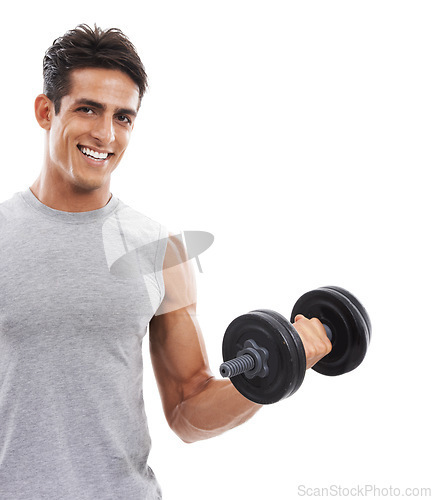 Image of Fitness, dumbbell and portrait of man in studio for healthy training, muscle or strong arm power on white background. Happy bodybuilder exercise with weights for workout, strength of biceps or mockup
