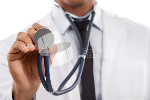 Image of Doctor, hands or stethoscope in studio for heartbeat, healthcare services or cardiology on white background. Closeup, medical worker or tools for listening to lungs, cardiovascular test or evaluation