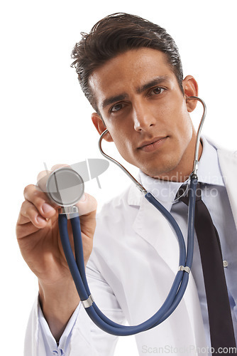 Image of Doctor, portrait and man with stethoscope for heartbeat, healthcare check and cardiology in studio on white background. Medical worker, tools and listening to lungs, cardiovascular test or evaluation